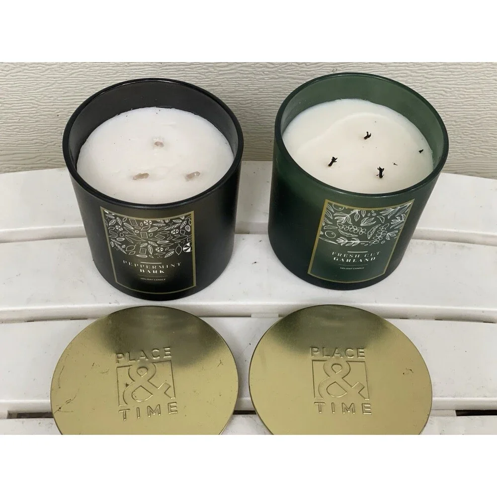 Lot of 2 Place & Time 3-Wick Scented Holiday Candles Peppermint Bark & Fresh Gar